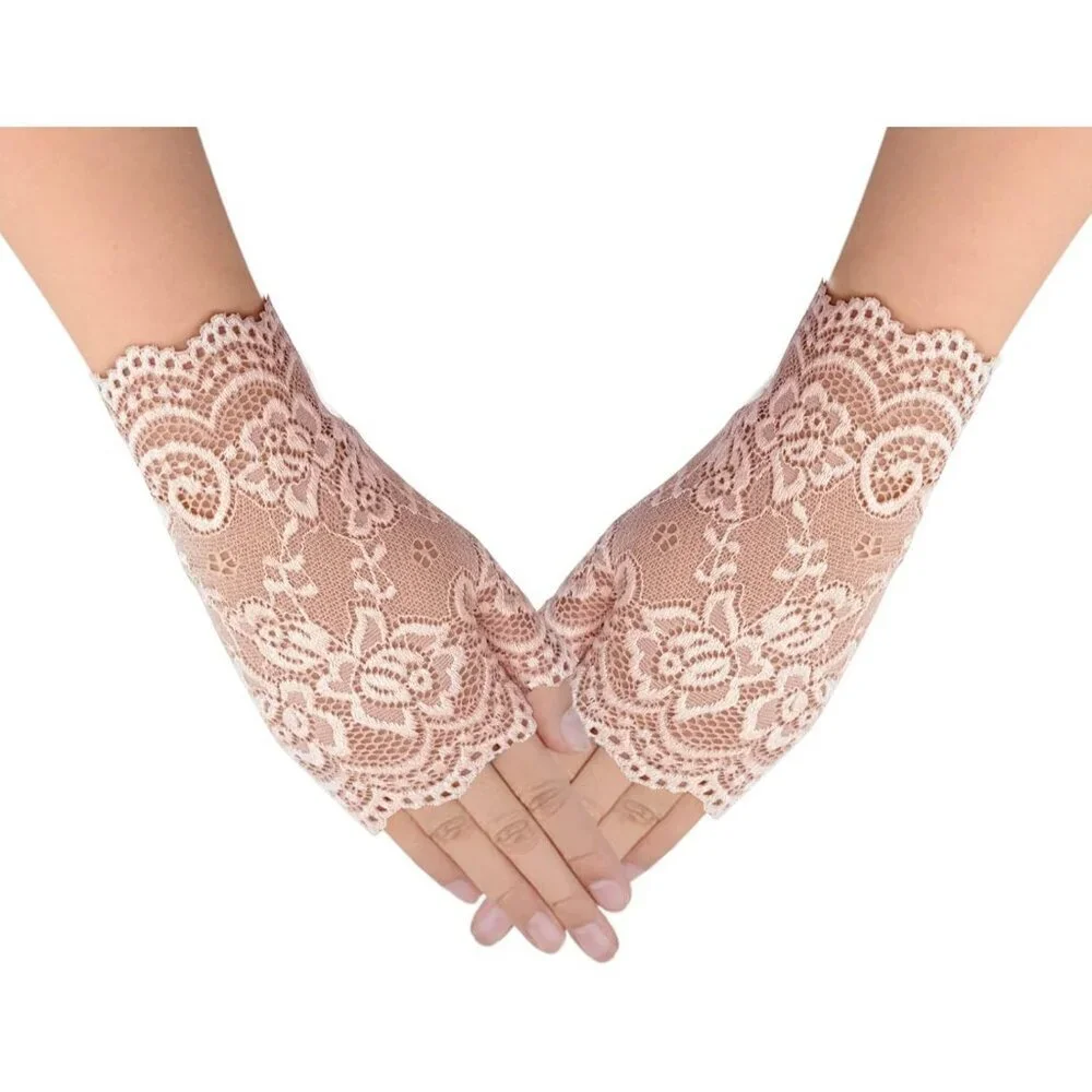 Women's 2 Pair Apricot Lace Fingerless Gloves Party Costume Accessories
